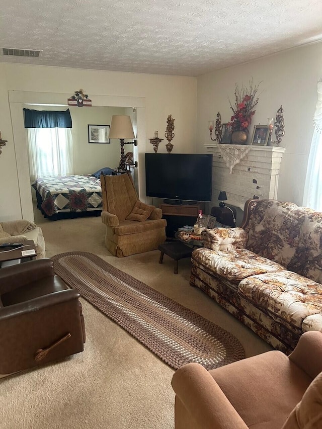 living room with a textured ceiling and carpet flooring