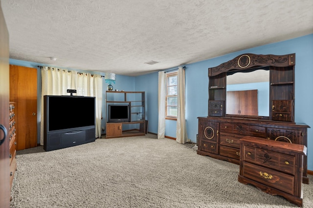 living room with a textured ceiling and light colored carpet