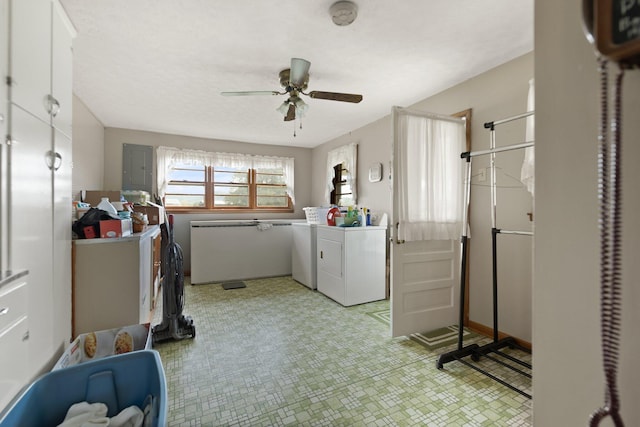 laundry area featuring ceiling fan, separate washer and dryer, and electric panel