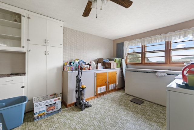 laundry room with ceiling fan and electric panel