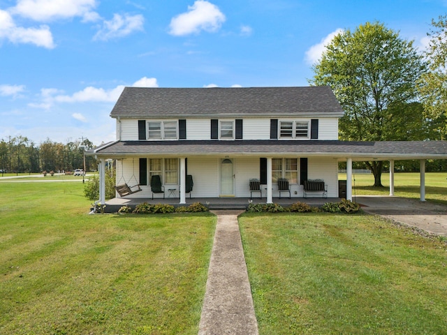 farmhouse-style home featuring a front lawn, a carport, and covered porch