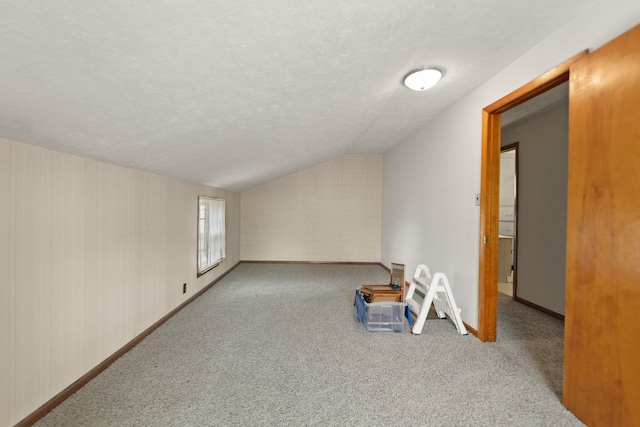 bonus room with light colored carpet, a textured ceiling, and vaulted ceiling