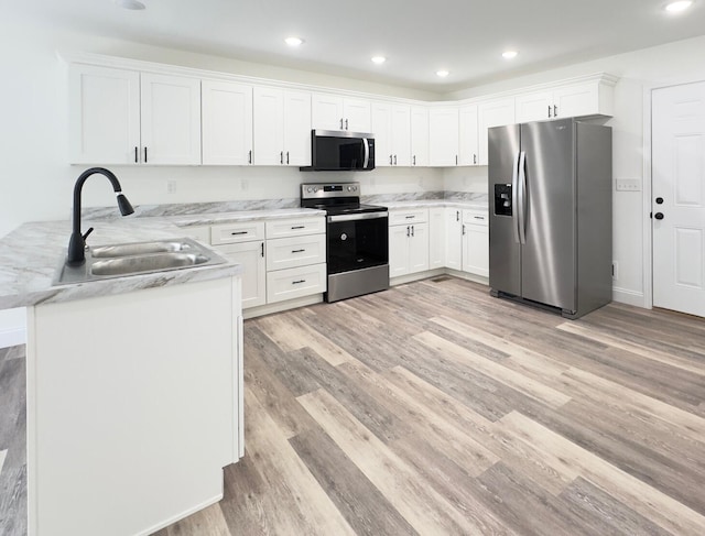 kitchen featuring kitchen peninsula, white cabinetry, sink, and appliances with stainless steel finishes