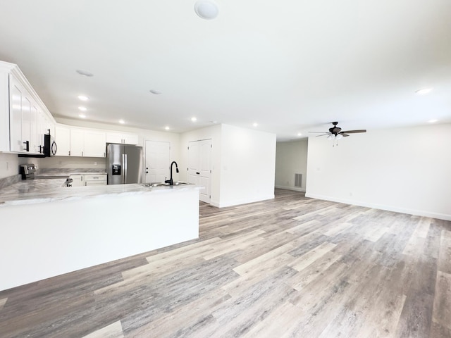 kitchen featuring white cabinets, sink, ceiling fan, kitchen peninsula, and stainless steel appliances