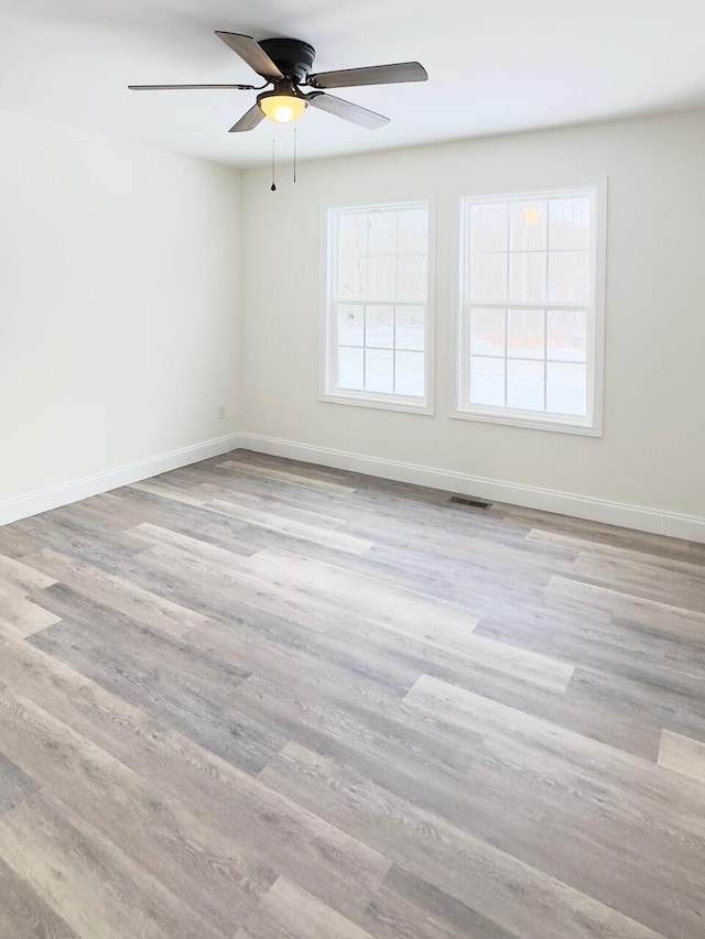 empty room featuring ceiling fan and light wood-type flooring