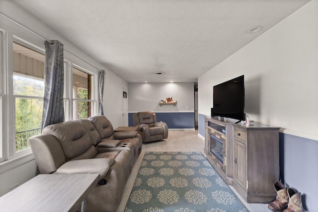 living room featuring a textured ceiling and light wood-type flooring