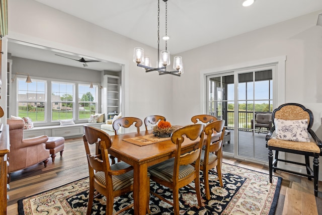 dining space featuring light hardwood / wood-style floors and ceiling fan with notable chandelier