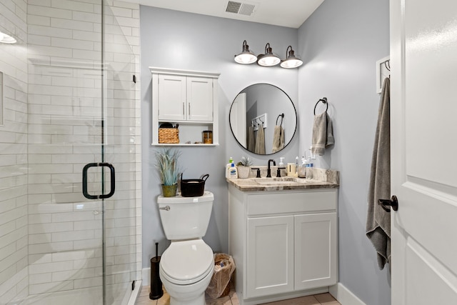 bathroom with tile patterned flooring, vanity, toilet, and walk in shower