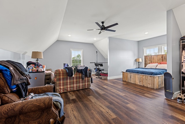 bedroom featuring lofted ceiling, ceiling fan, and dark hardwood / wood-style floors