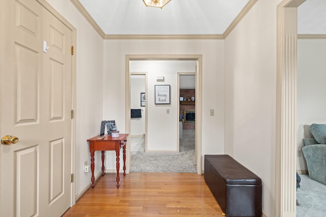 hall with light hardwood / wood-style floors and ornamental molding