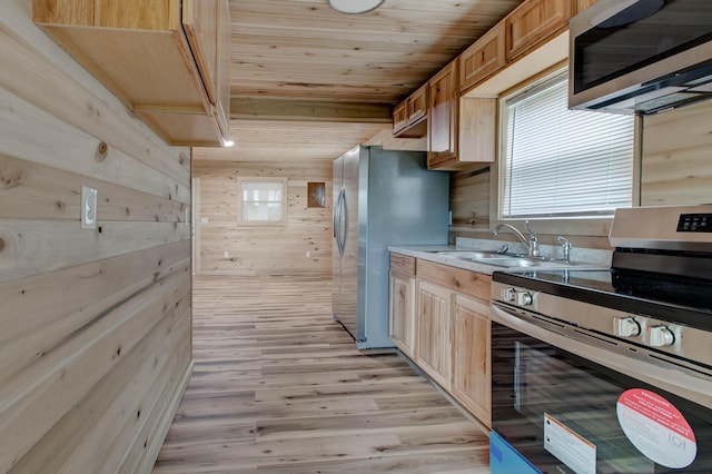 kitchen featuring wood ceiling, a sink, wooden walls, and appliances with stainless steel finishes