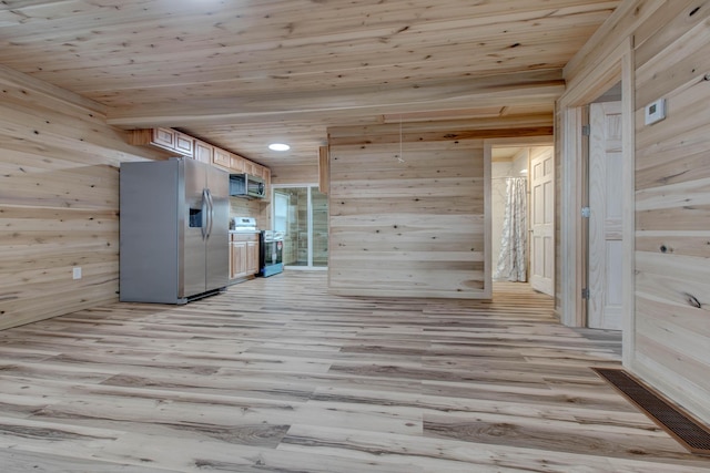 unfurnished living room featuring light hardwood / wood-style floors, wooden walls, and wooden ceiling