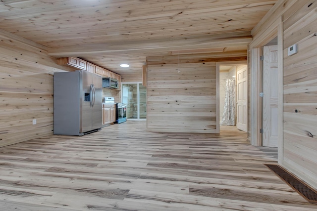 kitchen with light wood finished floors, wood walls, wood ceiling, and appliances with stainless steel finishes