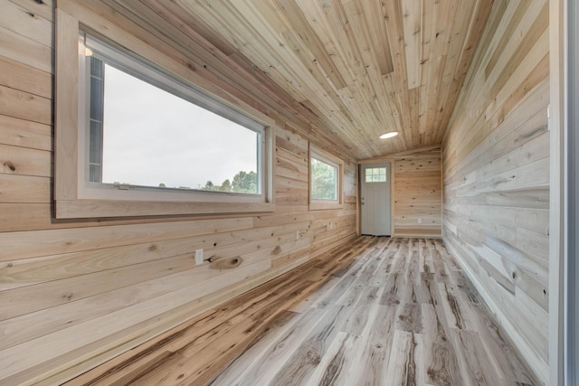 interior space with wood ceiling, wooden walls, and wood finished floors