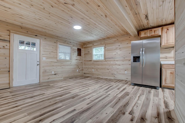 interior space featuring light hardwood / wood-style flooring, beam ceiling, wooden walls, and wood ceiling