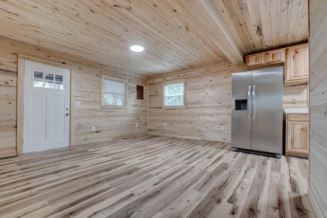 interior space with wood ceiling, beam ceiling, light wood-style floors, and wooden walls