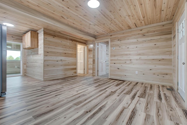 spare room with light hardwood / wood-style floors, wood ceiling, and wooden walls