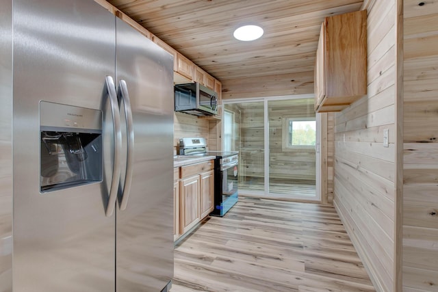 kitchen featuring wooden ceiling, wooden walls, light wood-type flooring, light brown cabinets, and stainless steel appliances