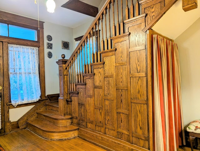 stairway with hardwood / wood-style flooring