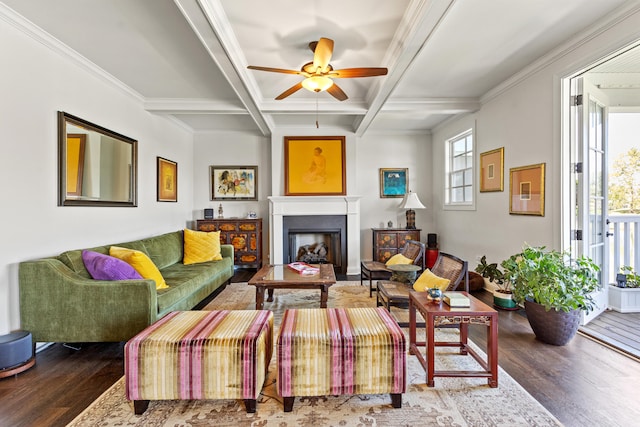 living room with beam ceiling, ceiling fan, dark wood-type flooring, and coffered ceiling