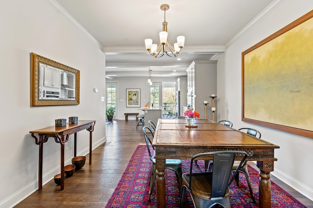 dining space featuring a notable chandelier, dark hardwood / wood-style flooring, and ornamental molding