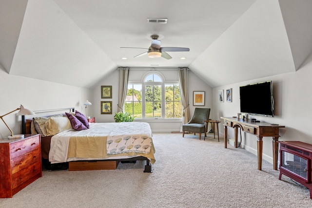 bedroom featuring light carpet, ceiling fan, and lofted ceiling