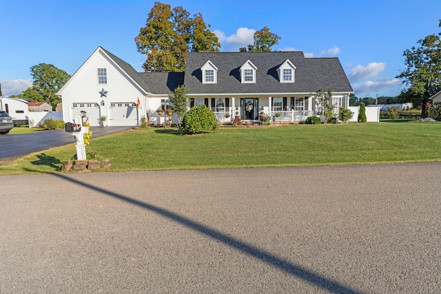 new england style home featuring a garage, a front lawn, and covered porch