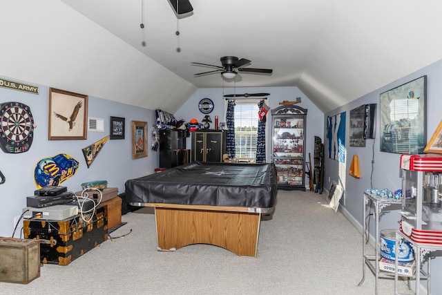 recreation room featuring pool table, lofted ceiling, light carpet, and ceiling fan