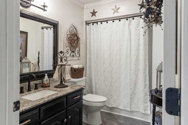 full bathroom featuring shower / bathtub combination with curtain, vanity, ornamental molding, toilet, and tile patterned floors