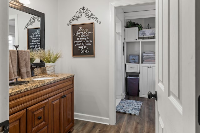 bathroom with hardwood / wood-style flooring and vanity