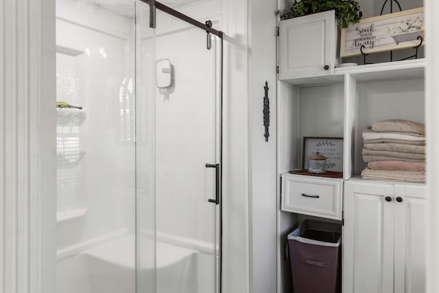 bathroom featuring a shower with door