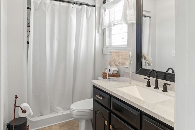 bathroom featuring vanity, tile patterned floors, toilet, and a shower with shower curtain