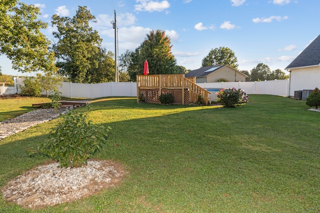 view of yard featuring a wooden deck and cooling unit