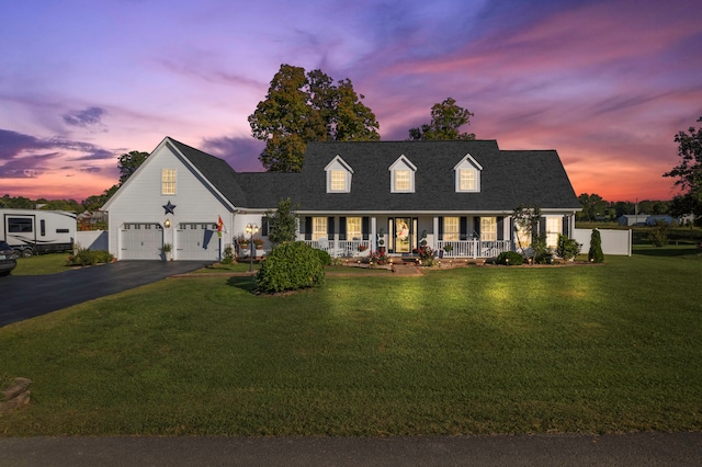 cape cod-style house featuring a lawn and covered porch