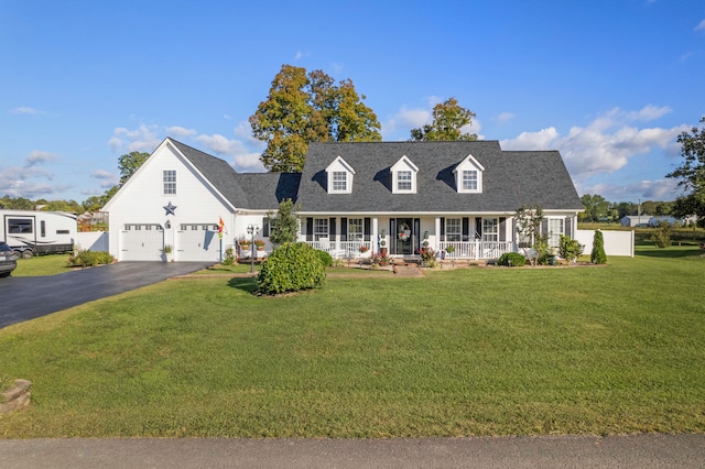 cape cod home with a front lawn, covered porch, and a garage