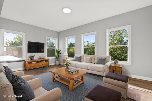 living room with baseboards and wood finished floors