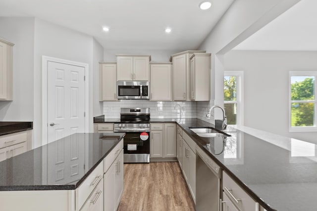 kitchen with light wood finished floors, stainless steel appliances, decorative backsplash, a sink, and dark stone counters