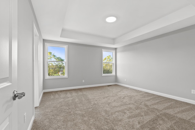 carpeted empty room with baseboards and a tray ceiling