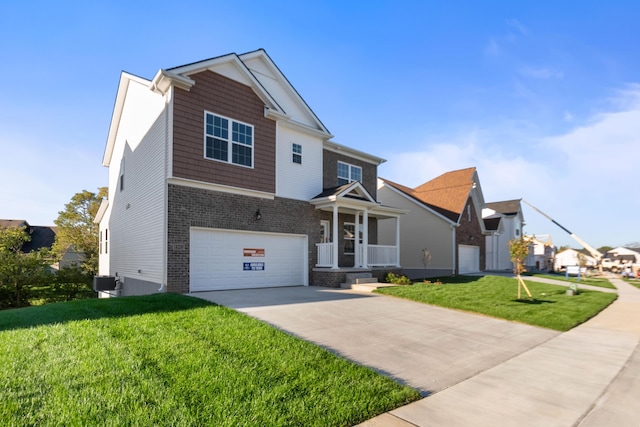 view of front facade featuring brick siding, a front yard, central AC, a garage, and driveway