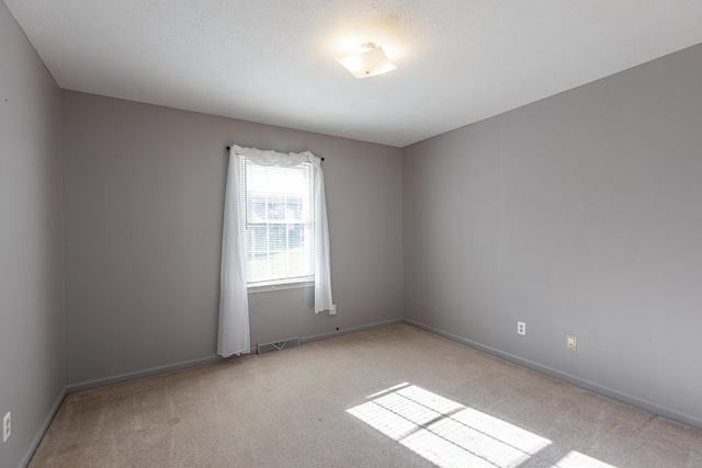 spare room featuring light carpet and a textured ceiling