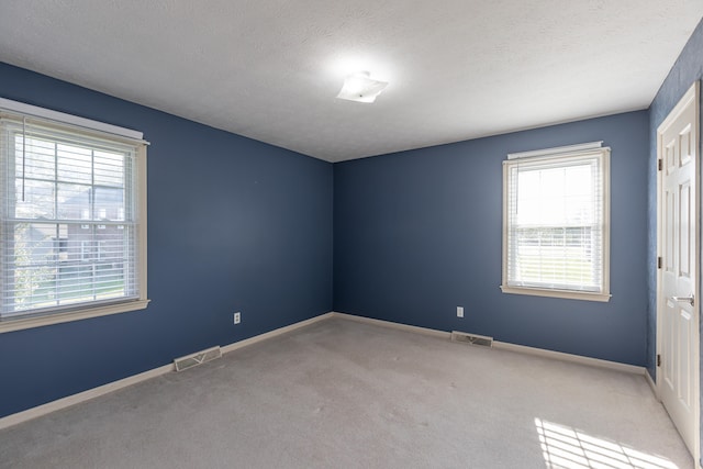 empty room featuring a textured ceiling and light colored carpet