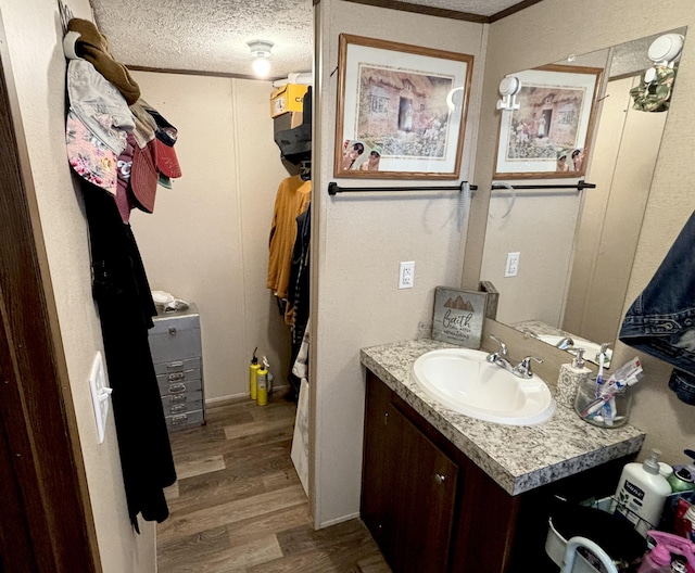 bathroom with vanity, wood-type flooring, and a textured ceiling