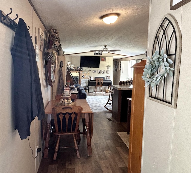 hallway with lofted ceiling, dark hardwood / wood-style floors, and a textured ceiling