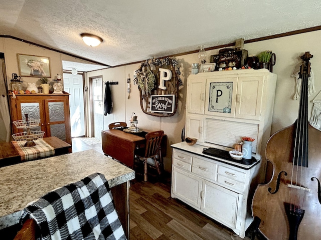 kitchen with crown molding, dark wood-type flooring, vaulted ceiling, a textured ceiling, and white cabinetry