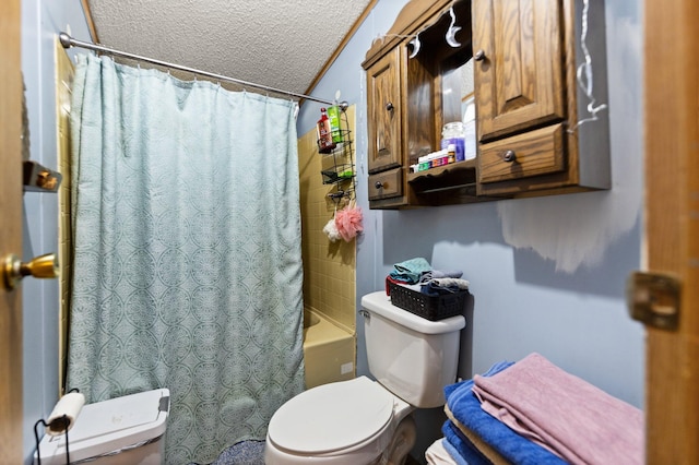 bathroom featuring ornamental molding, a textured ceiling, shower / tub combo, and toilet