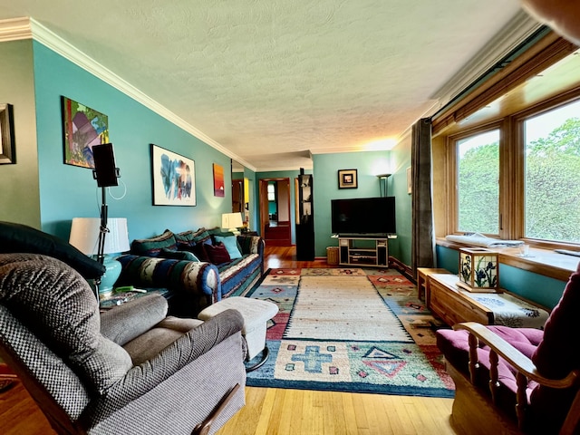 living area featuring a textured ceiling, ornamental molding, and wood finished floors