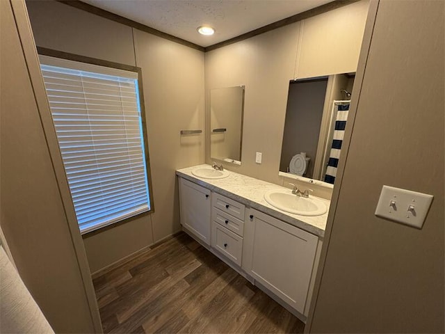 bathroom with hardwood / wood-style floors, vanity, and crown molding