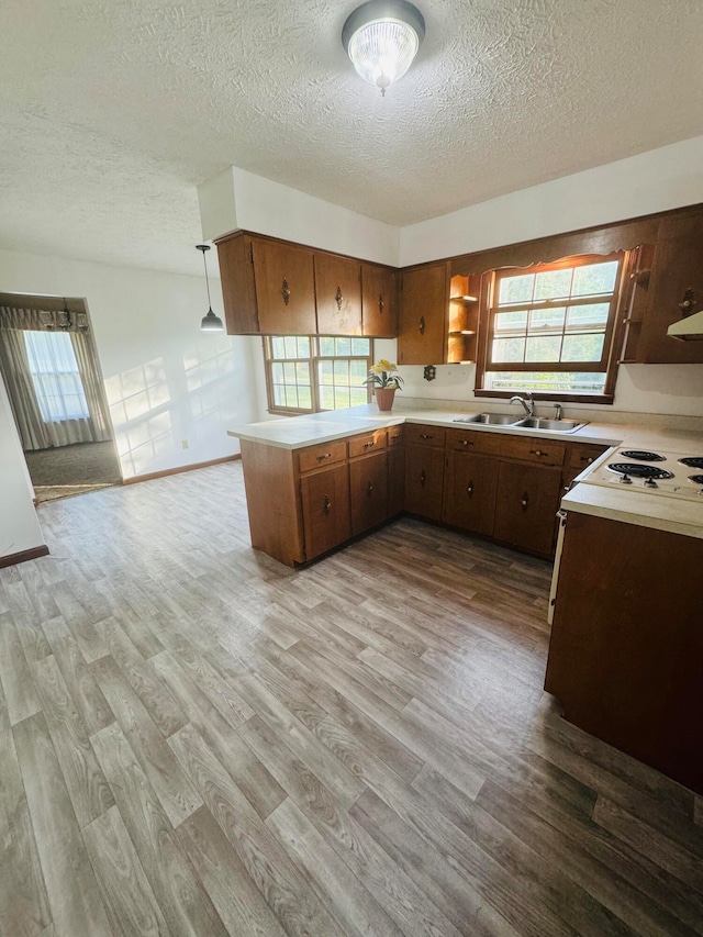 kitchen featuring light wood-type flooring, kitchen peninsula, sink, and pendant lighting