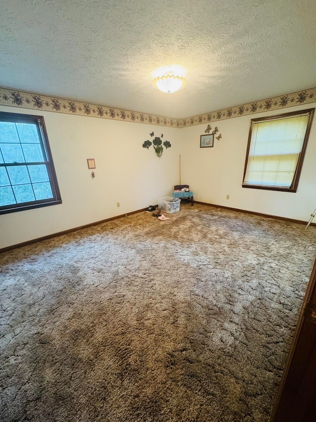 spare room with a textured ceiling and carpet floors