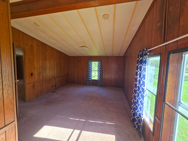 carpeted empty room with wooden walls, plenty of natural light, and lofted ceiling